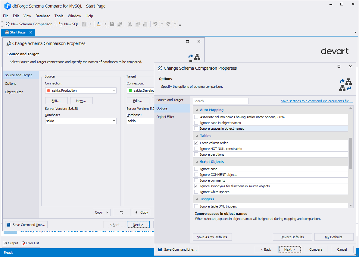 Database Structure Comparison Setup