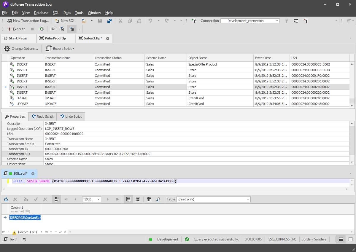 dbForge Transaction Log - Detailed Login Info