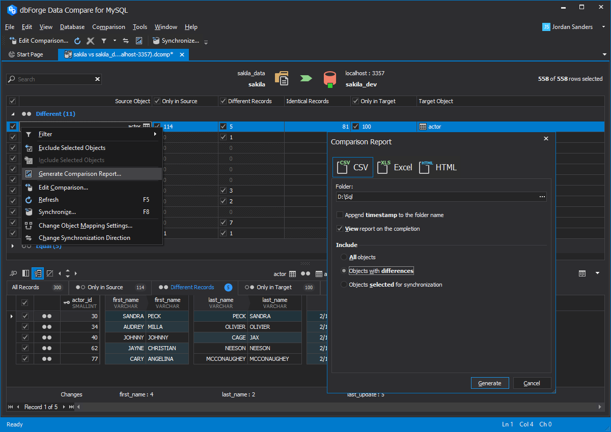 Export of Comparison Results