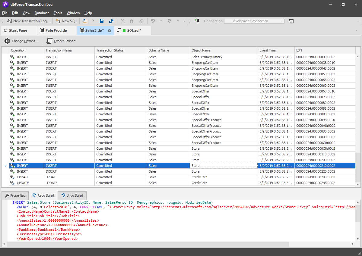 dbForge Transaction Log - Export Outputs