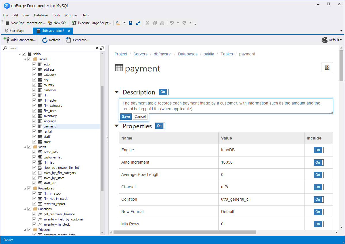 Extended properties support within dbForge Documenter for MySQL