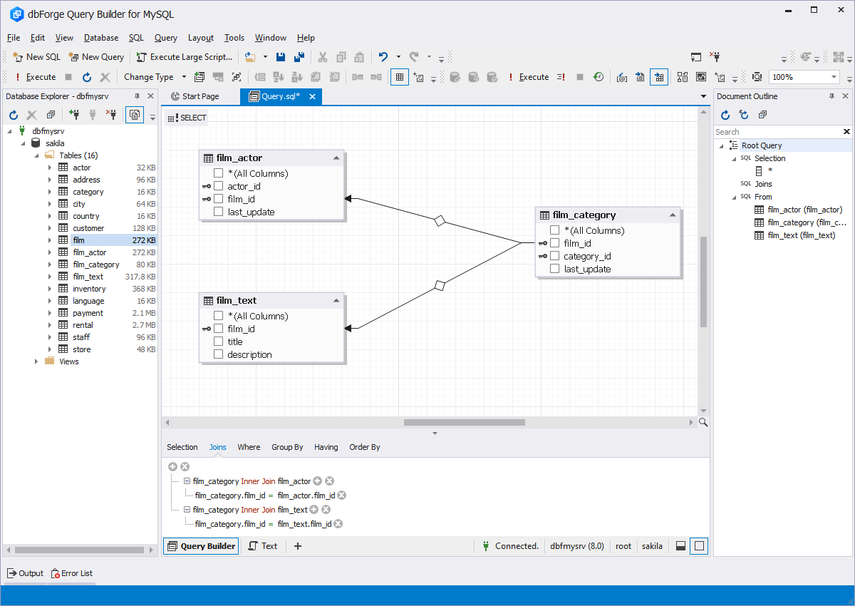 MySQL Query Editor tool - Builder Menu