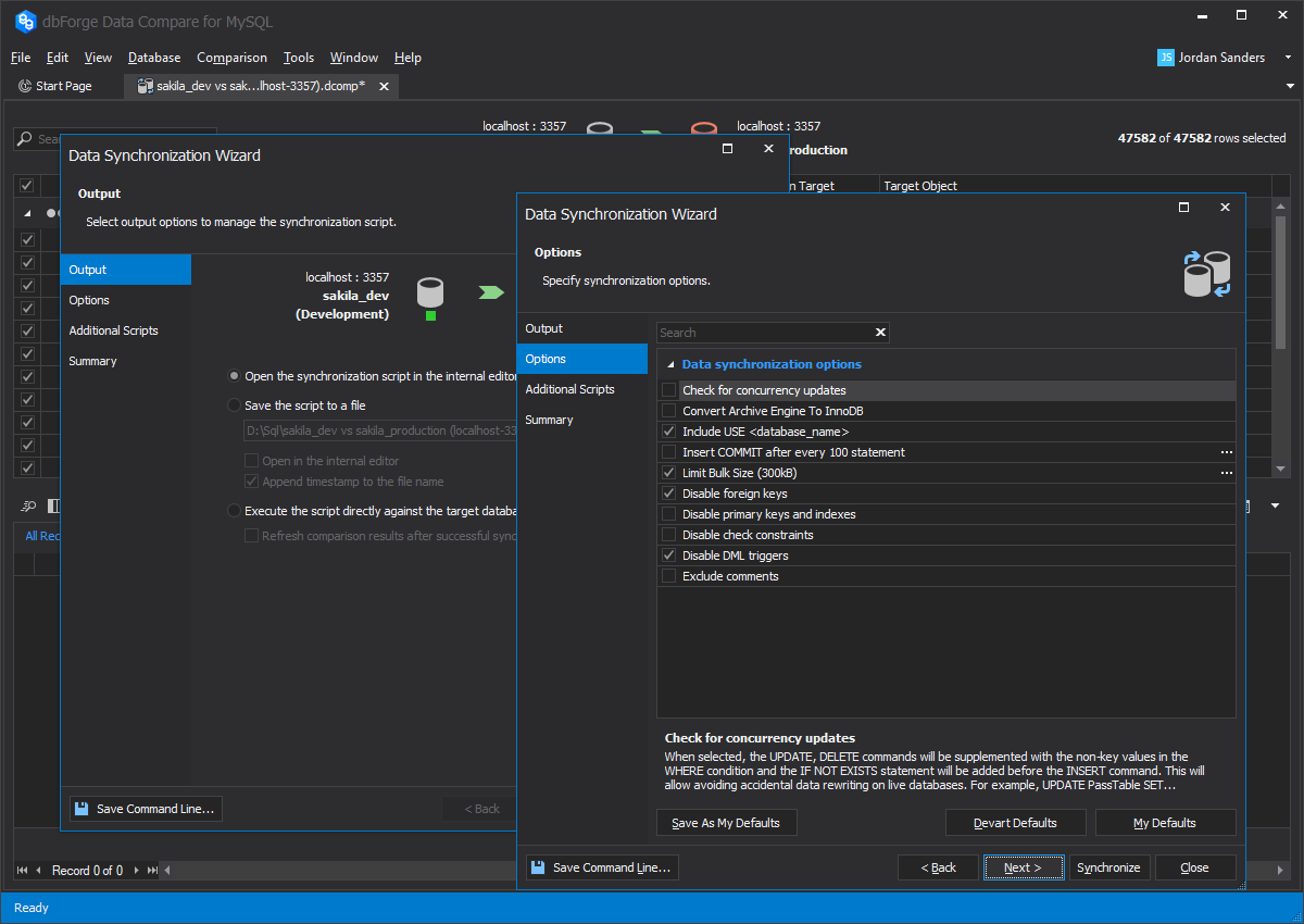 Synchronization features available in dbForge Data Compare for MySQL