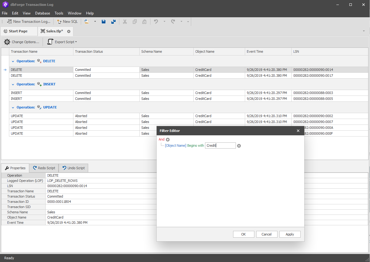 dbForge Transaction Log- Transaction Visualization