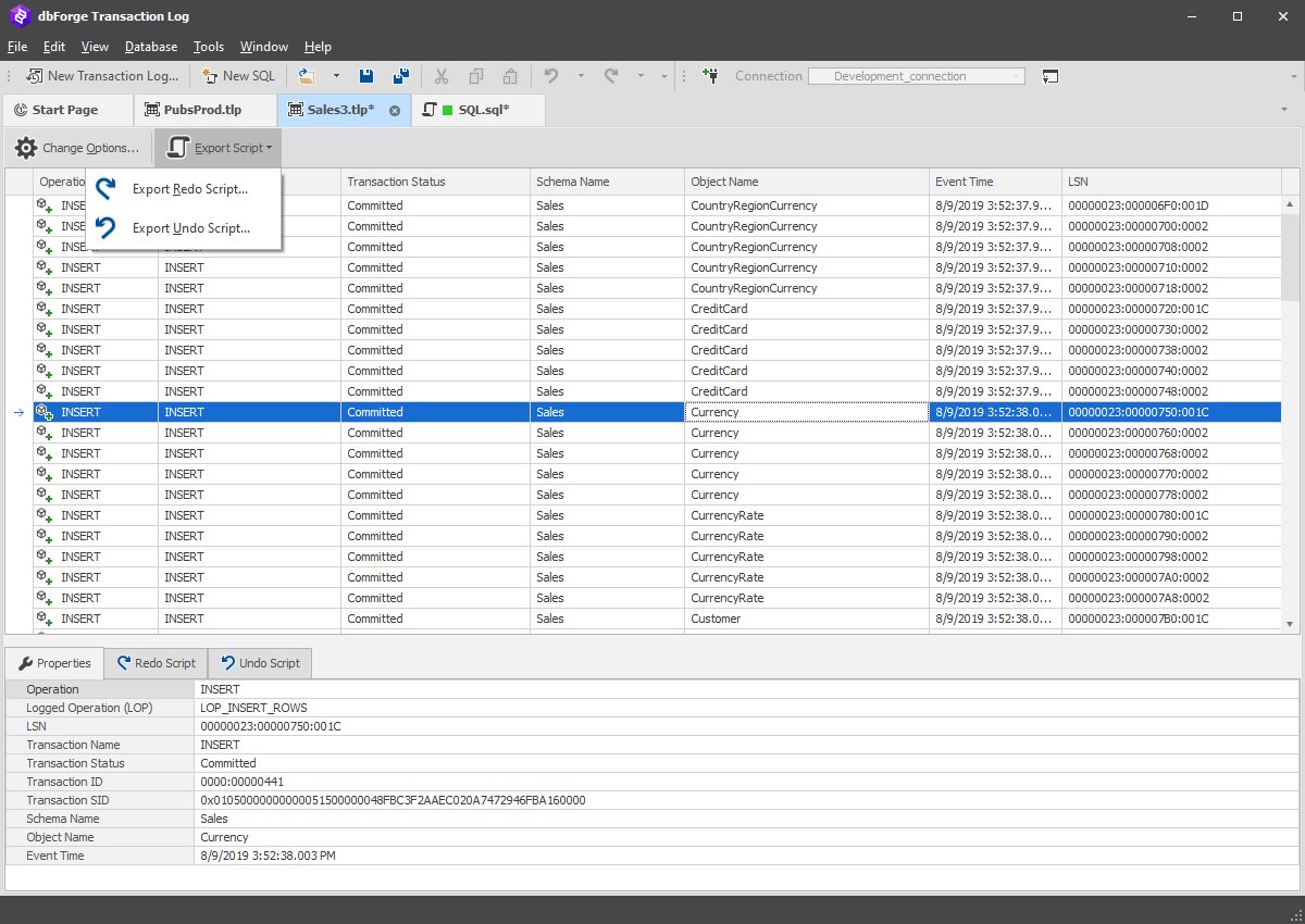 dbForge Transaction Log - Undo or Redo