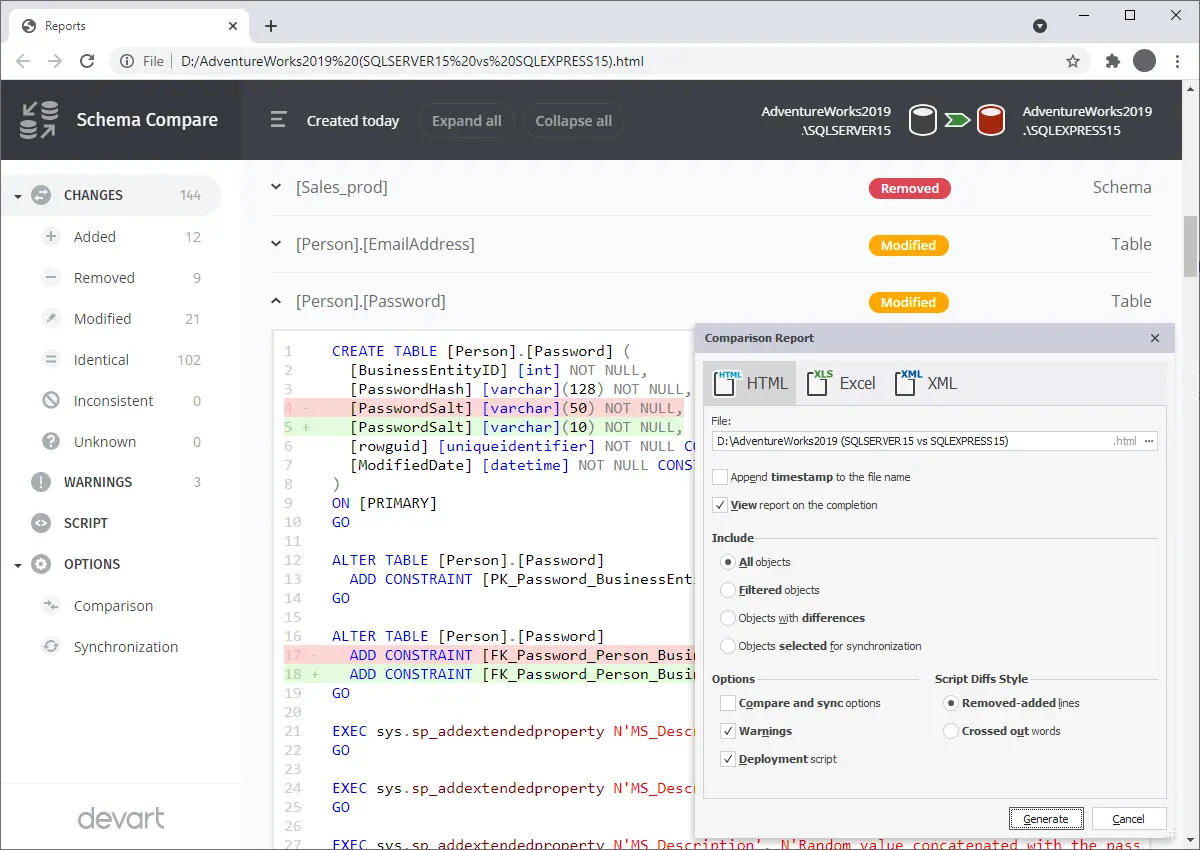 dbForge Schema Compare for SQL Server - Comparison Result Analysis