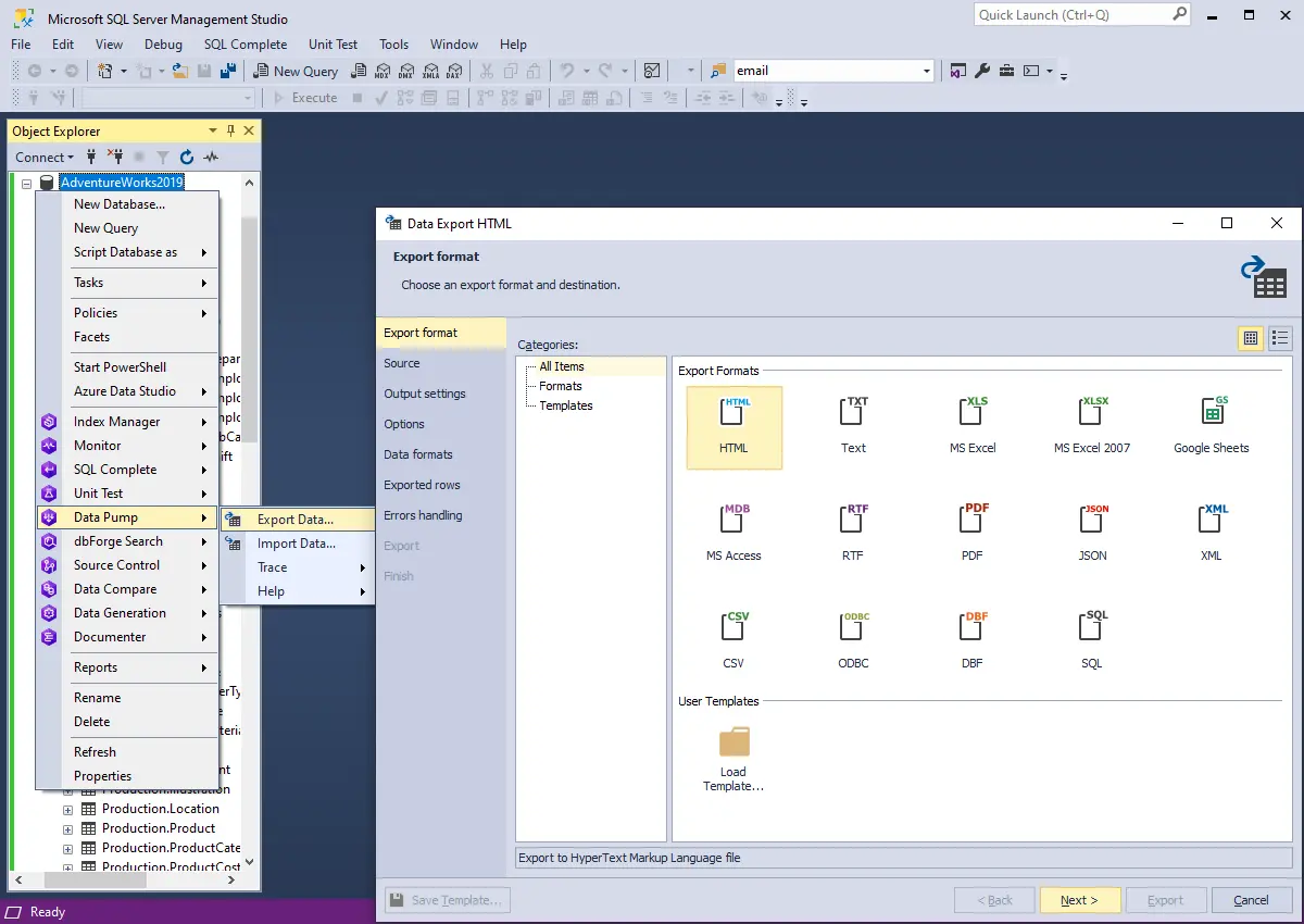 Data Pump for SQL Server - SQL Export to 14 formats