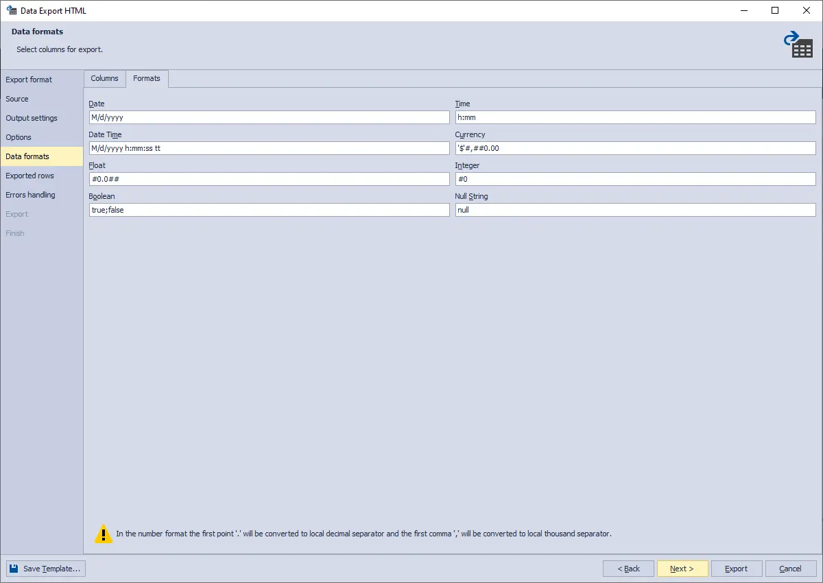 Data Pump for SQL Server - Data formats