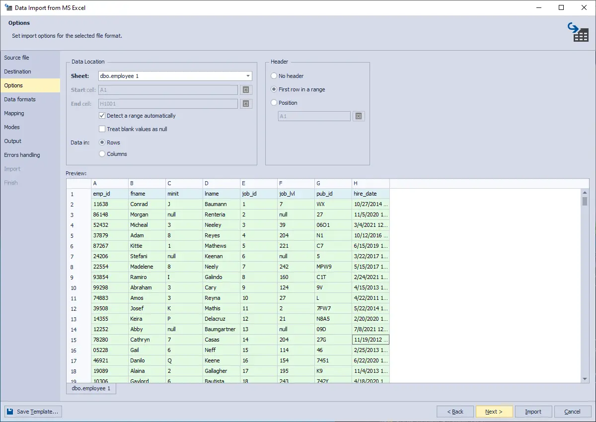 Data Pump for SQL Server - Data import options