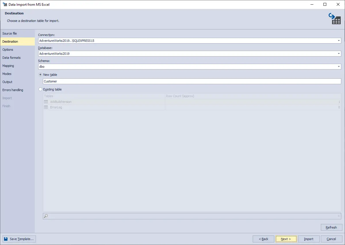 Data Pump for SQL Server - Import destination