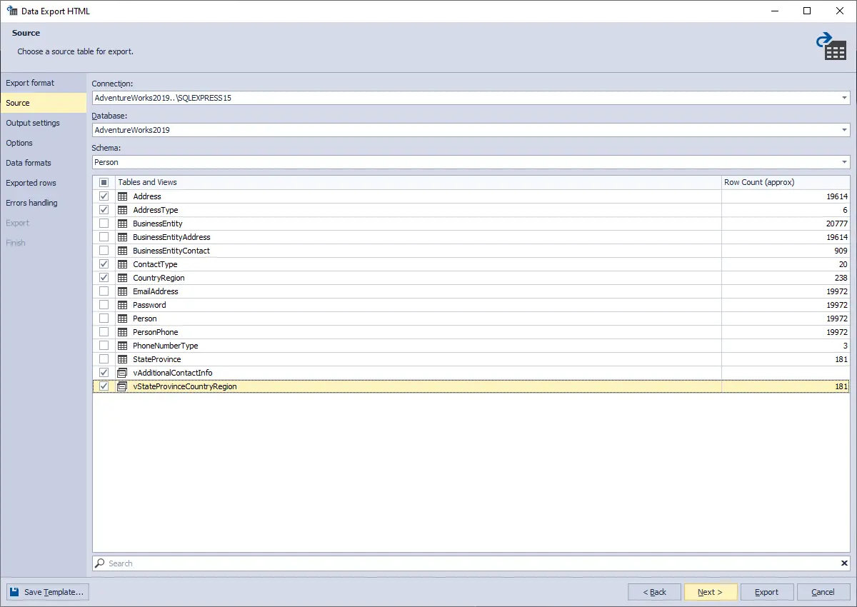 Data Pump for SQL Server - Export Source