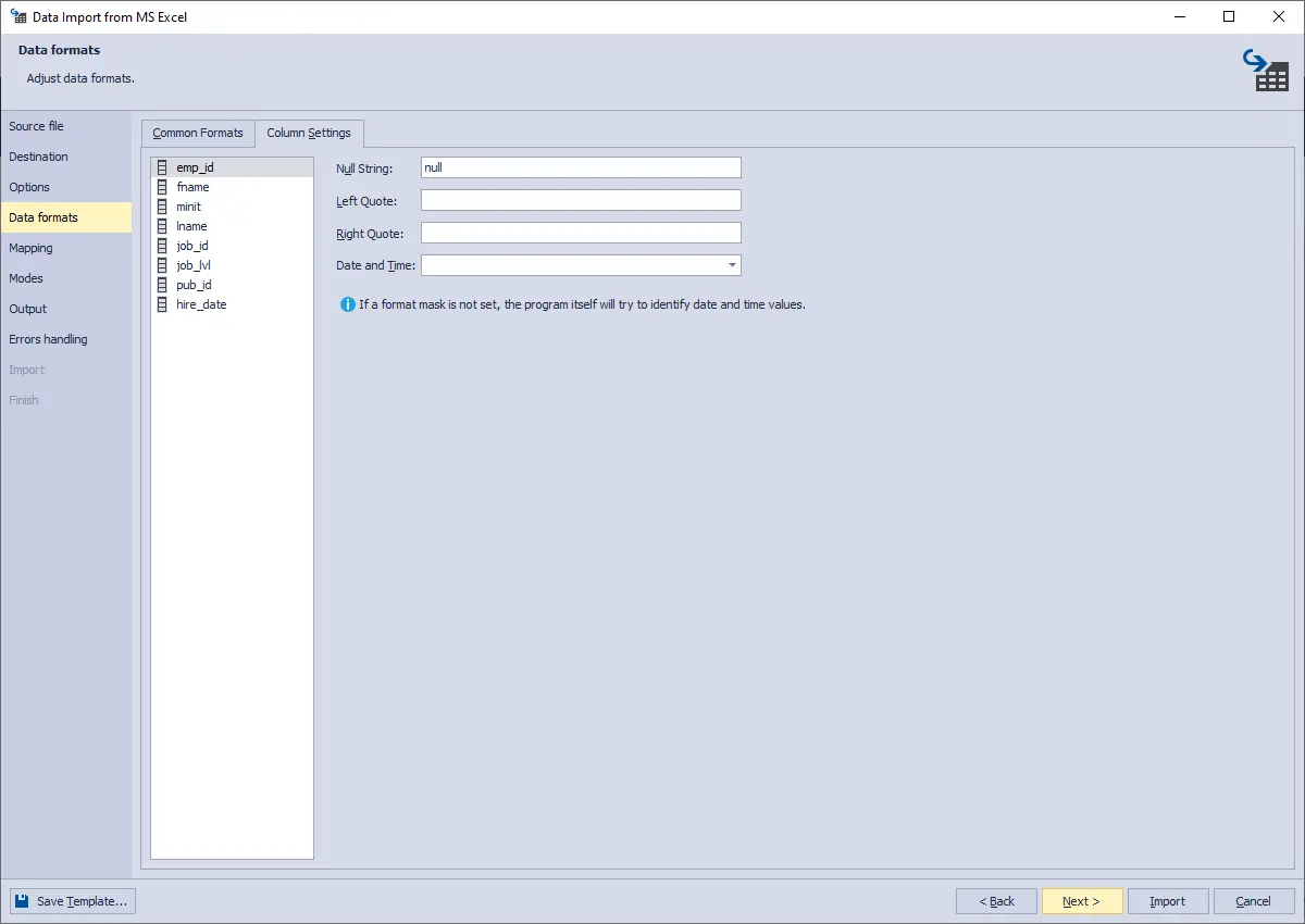 Data Pump for SQL Server - Import data formats