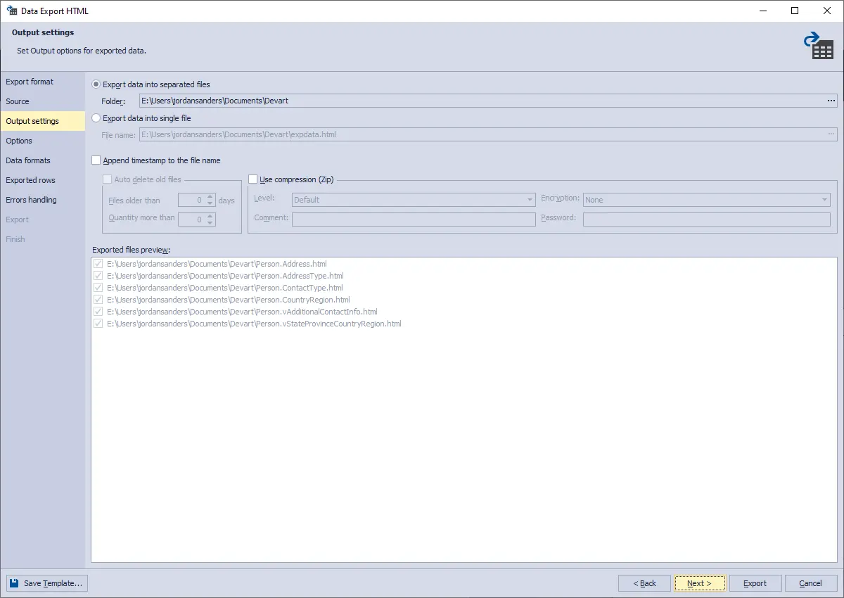 Data Pump for SQL Server - Export Output Settings