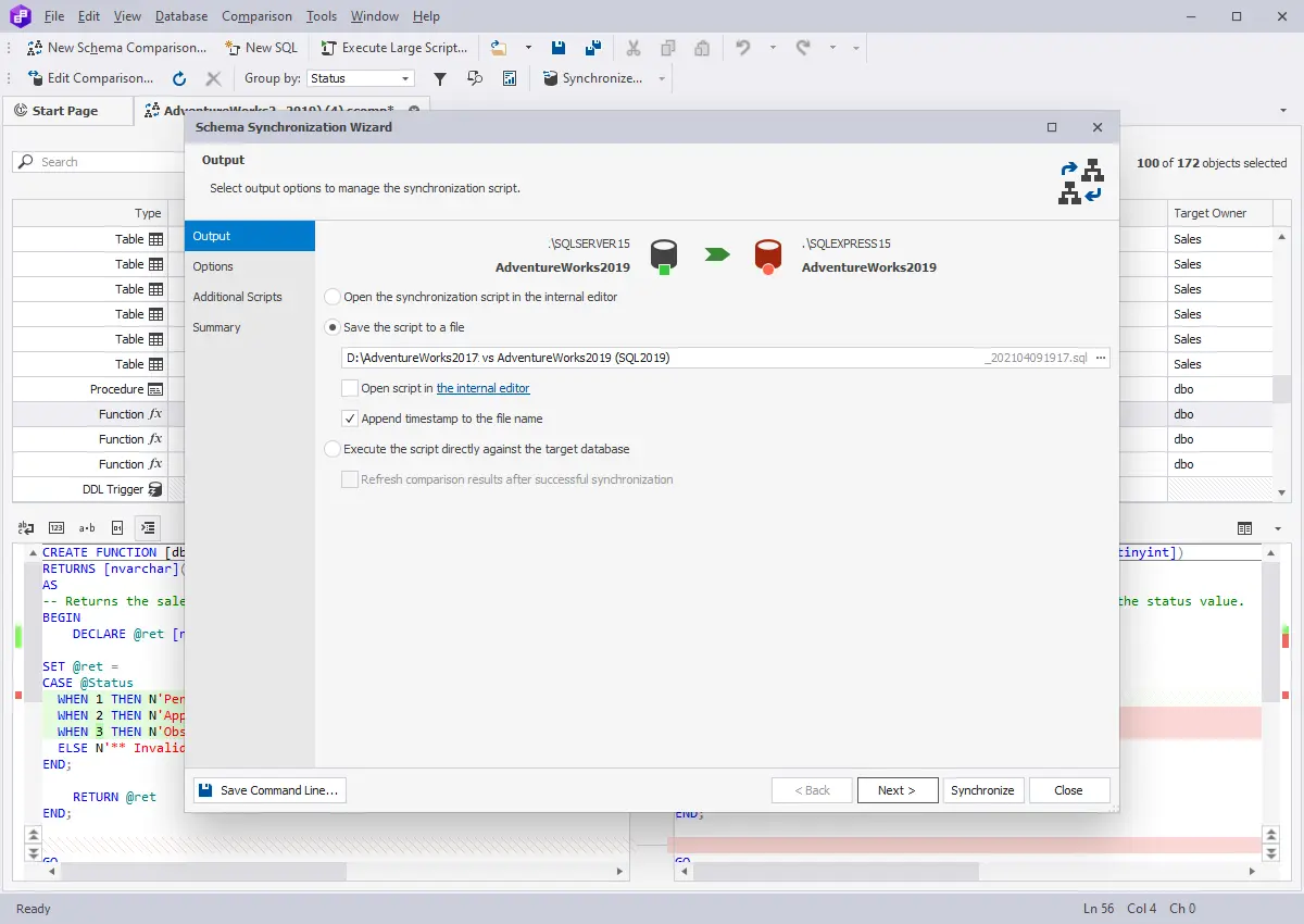 dbForge Schema Compare for SQL Server - Synchronization features